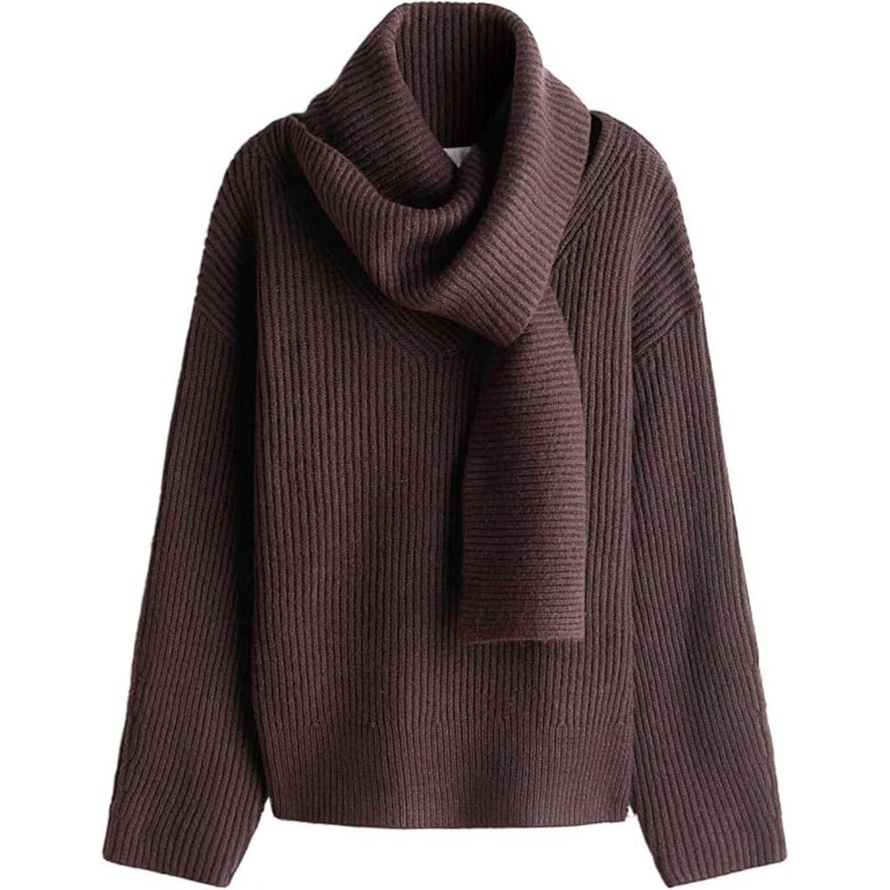 NEW Brown Ribbed Knit Sweater Size L Pullover Attached Scarf Cold Shoulder